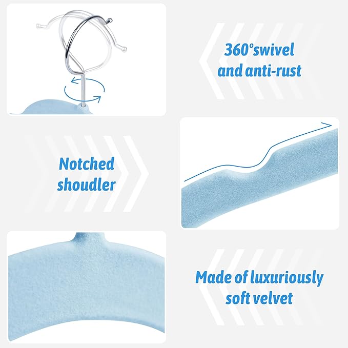 30 Pack Velvet Hangers – Premium Non-Slip Slim Clothes Hangers with 360° Swivel Hook, Space-Saving Flocked Shirt Hangers for Coats, Dresses, Blouses, Suits(Blue)