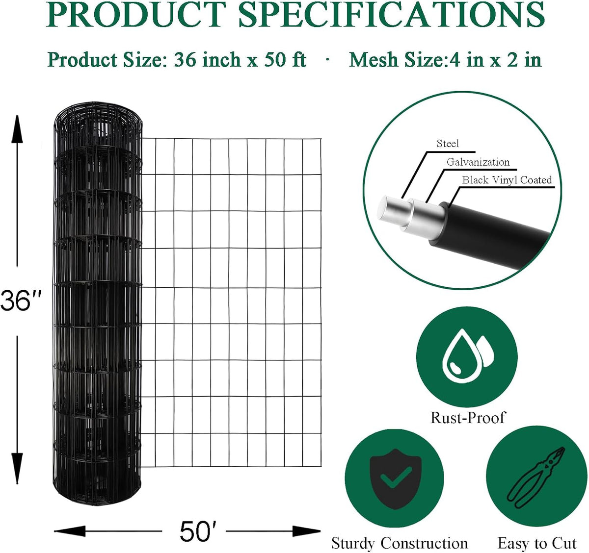 Black PVC Coated Welded Wire Fence 36 Inch x 50 Foot, 2 Inch x 4 Inch 14GA, Garden Border Fencing Roll Vinyl Coating Metal Wire Mesh Hardware Cloth for Yard Vegetable Plant Protection