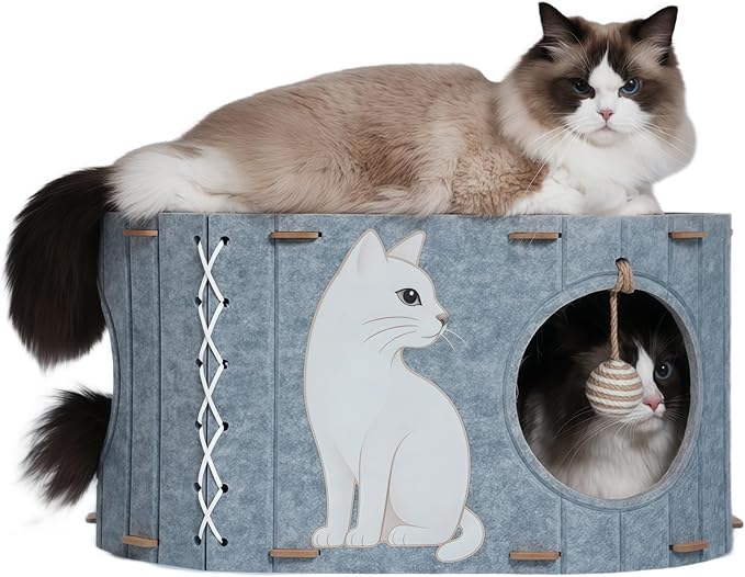 2-in-1 Large Cat House for Indoor Cats, Felt Cat Cave with Cushion, Dual Entrances & Sisal Ball Toy, Enclosed Bed for Large Cats or Multi-Cat Use, Supports 88 lbs