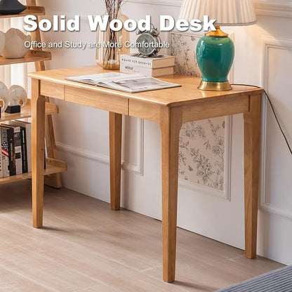 Solid Wood Desk with Drawer, Small Computer Desk for Small Spaces, Gaming Study Home Office Desks for Work, Student PC Desk for Bedroom, Escritorios para Cuartos (Wood Color, 39.4 inch)