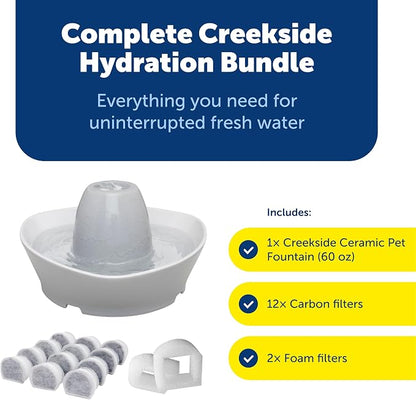 PetSafe Creekside Ceramic Pet Fountain, 60 Oz, Extra Filters | 60 Oz Capacity, Whisper-Quiet Flow, Includes 12 Extra Carbon & 2 Extra Foam Filters, Dishwasher Safe, Cats & Small Dogs