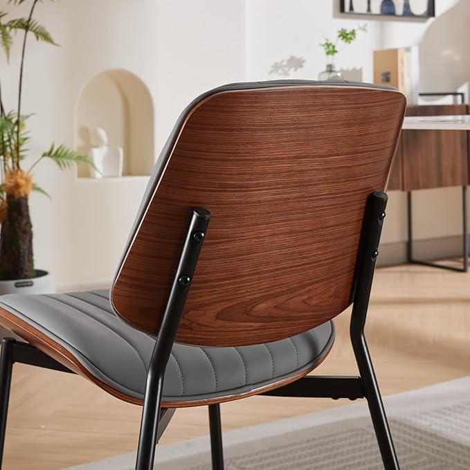 Dining Chairs Set of 4, Mid Century Modern Accent Dining Room and Kitchen Chairs, Upholstered PU Leather Vertical Stripe Chairs for Vanity with Walnut Bentwood and Metal Legs, Gray