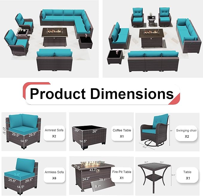 Kurapika 13 Pieces Patio Furniture Set, Rattan Wicker Outdoor Conversation Sets w/43in Propane Fire Pit Table, Swivel Rocking Chairs Patio Sectional Sofa w/4 Inch Cushion, Blue