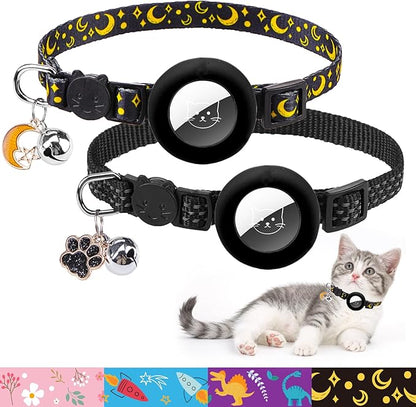 PUPTECK Airtag Cat Collar Breakaway 2 Pack with Bells, Reflective Kitten Collar with Air Tag Holder for Boy Girl Kitty and Puppies, Soft, Black
