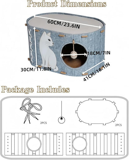 2-in-1 Large Cat House for Indoor Cats, Felt Cat Cave with Cushion, Dual Entrances & Sisal Ball Toy, Enclosed Bed for Large Cats or Multi-Cat Use, Supports 88 lbs