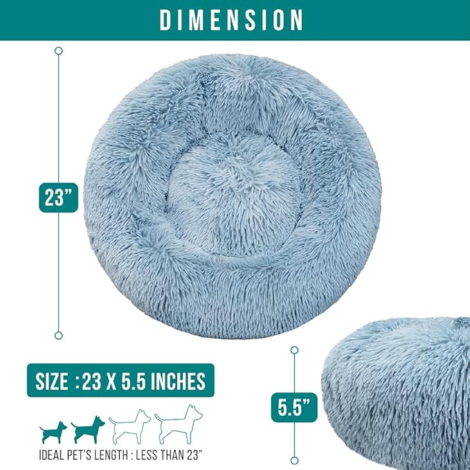 PetAmi Calming Dog Bed for Small Medium Dog Cat, Round Donut Washable, Fluffy Faux Fur Plush Cuddler Pet Kitten Cushion, Anti-Slip, Fits up to 25 lbs, 23 inch, Dusty Blue