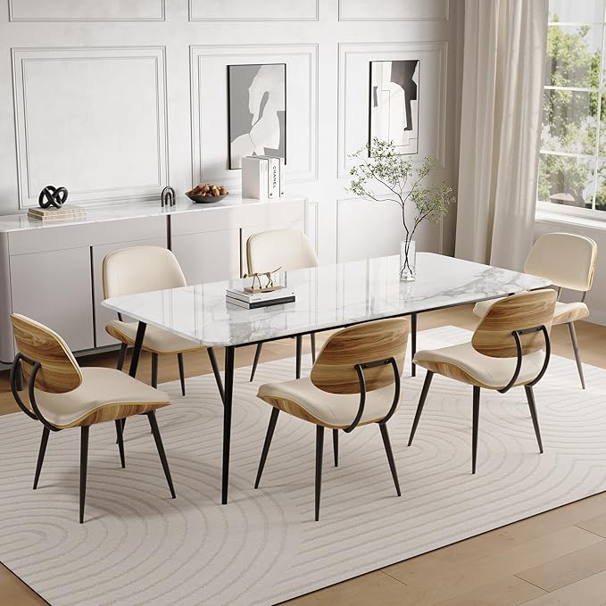 Mid Century Modern Dining Chairs Set of 2, PU Leather Armless Kitchen Chairs with Walnut Bentwood Back & Metal Legs, Sturdy Retro Accent Chairs for Dining Room, Living Room, Beige