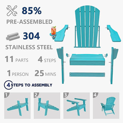 Plawdlik Folding Adirondack Chair, SGS Tested, Wooden Textured with Cup Holder, Heavy All-Weather HDPE Comfortable Set Poolside Backyard Lawn Aruba Blue Set 2