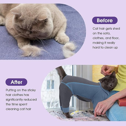 SUNFURA Hair Sticky Cat Clothes, Cat Sweater for Cats Only, 4-Legged Fleece Sweaters Kitten Pajamas Reduce Shedding Fur, Warm Pullover Shirts for Cats, Blue S