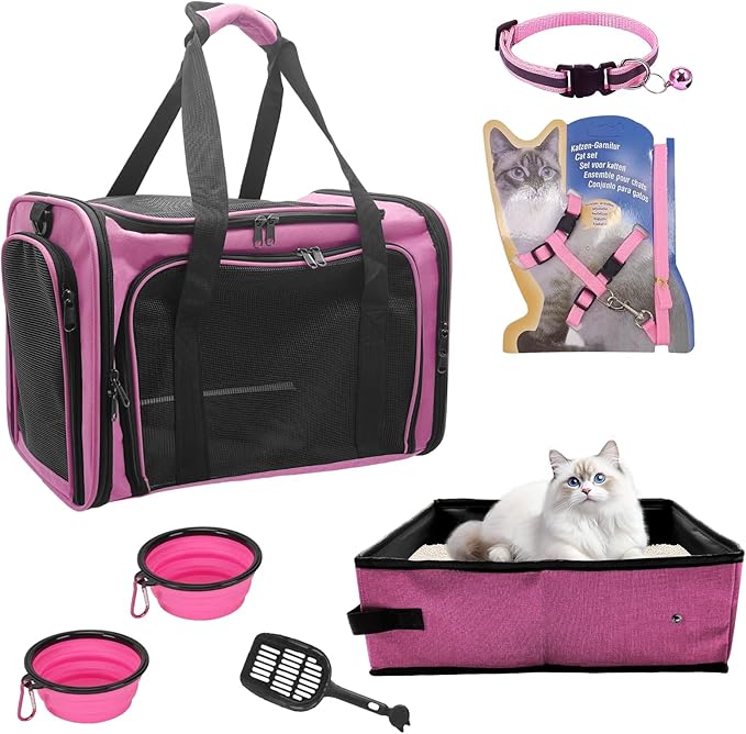 Large Cat Carrier with Litter Box for Traveling & Camping, Soft-Sided Pet Carrier Fit Pets Up to 20lbs,17.7' * 11.8 * 11.8 inches Cat Travel Carrier - Pink