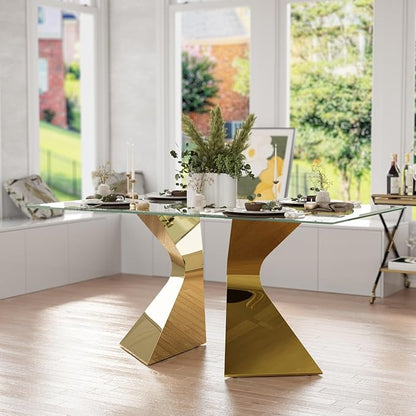 63in Gold Dining Table, Rectangular Glass Dining Table for 4-6 with Waved Legs in Polished Gold Chrome Finish, for Luxury Kitchen, Dining Room, Living Room,Apartment