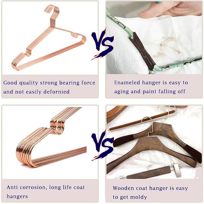 10-Pack Rose Gold Metal Wire Clothes Hangers，16.5" Heavy Duty Wire with Non Slip Notch, Strong Stainless Steel Hangers Space Saving