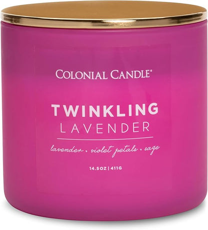 Colonial Candle Pop of Color Twinkling Lavender 14.5 Oz Scented Matt Glass Jar Candle, Three Premium Cotton Wicks