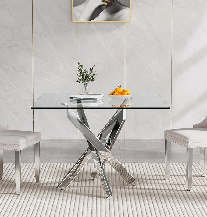 Henf 36'' Tempered Glass Dining Table for 2-4 People, Square Kitchen Table with Silver X-Base Metal Legs, Adjustable Feet, Glass Desk for Small Space, Clear Square Dining Room Table for 4