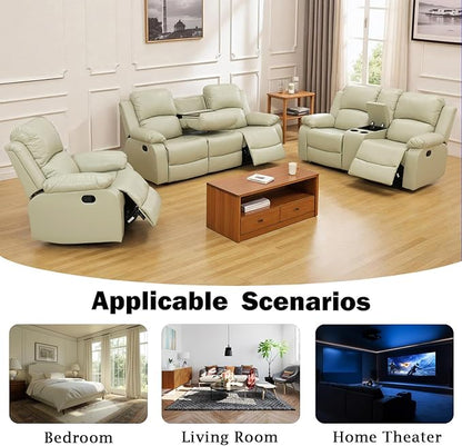 Caberryne Leather Recliner Sofa Set，Leather Reclining Couch for Living Room Furniture Sets，Beige Recliner Couch with 5 Recliners for Living Room/Office/Theater Seating(Sofa Set 3 Pieces)