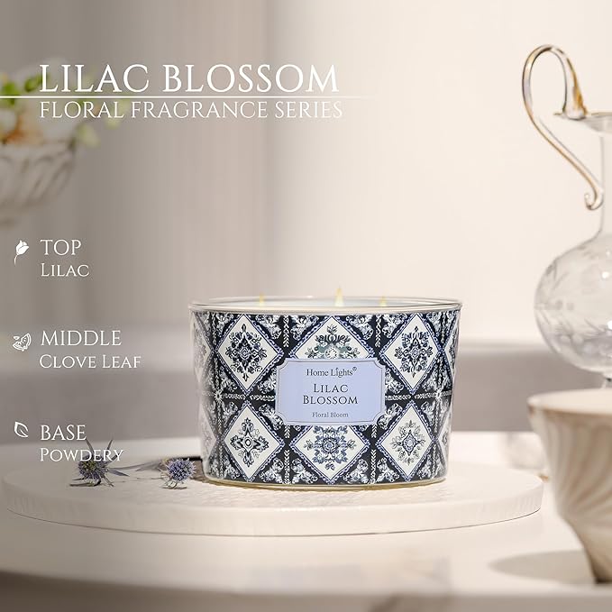 HomeLights 4-Wick Candles for Home Scented - 18oz Soy Wax Blend Candle Long-Lasting Fragrance, Bohemian Natural Textures Home Decor and Housewarming Gifts, Lilac Blossom