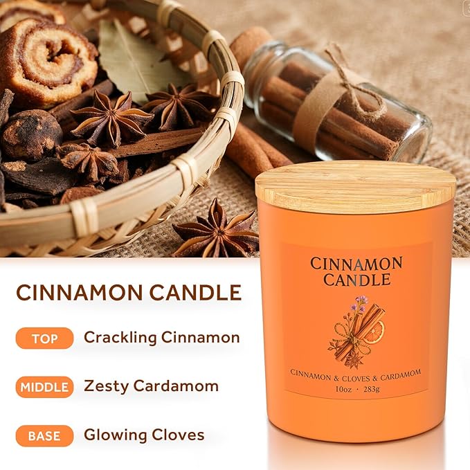 NORVENCE Cinnamon Candle, Cinnamon Scented Candles for Women, 10oz Soy Candles with Bamboo Lid for Home Scented, Birthday Gifts for Women and Men, Hand-Poured Candle for Relaxation, Home Decor