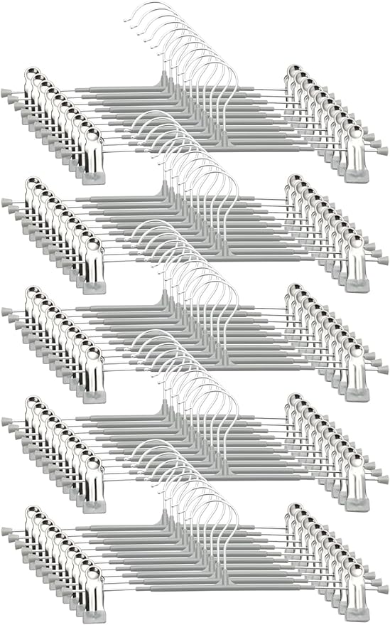 Pants Hangers with Clips - 50 Pack Heavy Duty, Non-Slip Adjustable Space Saving Skirt Hangers for Pants, Jeans, Shorts | Gray | 12 Inch