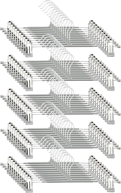 Pants Hangers with Clips - 50 Pack Heavy Duty, Non-Slip Adjustable Space Saving Skirt Hangers for Pants, Jeans, Shorts | Gray | 12 Inch