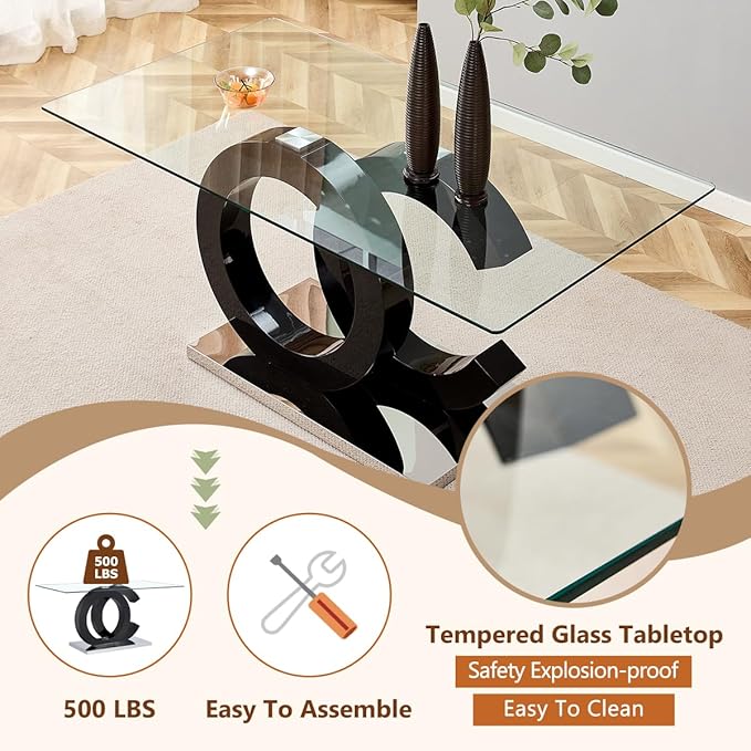 63'' Glass Dining Table Set for 4, Kitchen Table Chairs Set of 4, Clear Glass Dining Table with Black unique design Leg and Silver Metal Base, 4 PU Dining Chairs with Metal Legs, Living Room, Kitchen.