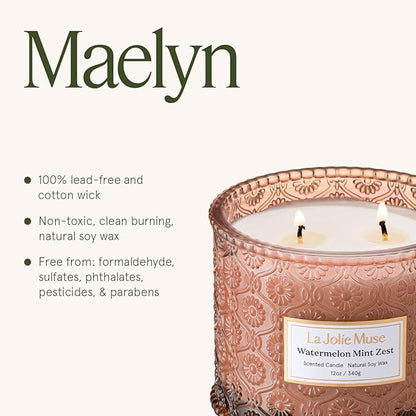 LA JOLIE MUSE Watermelon Mint Zest Candle - Eucalyptus, Sage, Lavender | 12 oz Large 2-Wick Soy Wax Candle | 60 Hours Clean Burn | Gift-Ready for Hosts & Gatherings | Elegant Home Décor