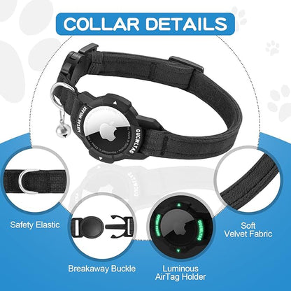 Luminous AirTag Cat Collar Breakaway, OUCWLTAG GPS Cat Collar with Apple Air Tag Holder, Cat Tracker Collars with Safety Elastic Band for Girl Boy Cats, Kittens and Puppies (Black, 9-13 Inch)