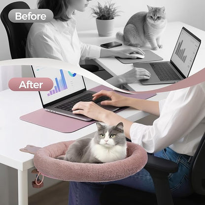 Rotating Cat Desk Bed - 40 LBS Chair-Side Cat Sleeping Basket with Bed for Desk, 360° Swivel & Removable Washable Cushion for Office Comfort(Brown