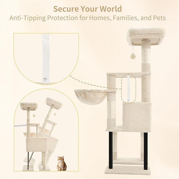 Heybly Cat Tree, 49.2 Inches Cat Tower for Indoor Cats, Spacious Cat House Condo with Hidden Space，Sturdy Steel Tube，Soft Plush Top Perch，Cozy Hammock and Sisal Scratching Posts, Beige HCT200SM