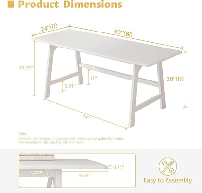 IOTXY Solid Wood Writing Table - 60" W x 24" D Minimalist Computer Desk for Home Office, Work, Study, Creativity, and PC Workstation, White