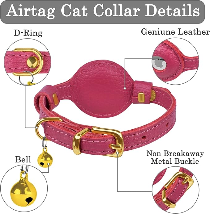 OOPSDOGGY Leather AirTag Cat Collar with Bell - Non Breakaway Kitten Collar with Apple Air Tag Holder - Lightweight GPS Pet Collars for Girl Boy Cats, Small Dogs, Puppies (Pink)