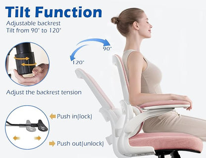 TRALT Ergonomic Office Chair - Desk Chair with Adjustable Lumbar Support Computer Chair - Mesh Comfy Chair with Flip-up Armrests - Gaming Chairs for Adults Home Office (Leather, Pink)