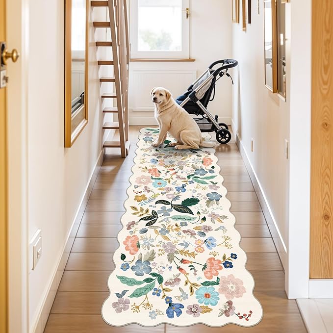 2x10 Washable Hallway Runner Rug: Long Floral Scalloped Soft Runners for Kitchen Entry Thin Non Slip Bathroom Nursery Floor Mat Water Resistant Low Pile 10ft Carpet for Living Room Bedroom(2x10,Cream)