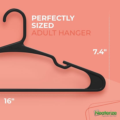 NEATERIZE Clothes Hangers Plastic 100 Pack For Adults - Plastic Hangers, The Perfect Coat Hanger and Space Saving Clothes Hangers for Closet, Percheros Ganchos para Colgar Ropa Hangars - Black Hangers