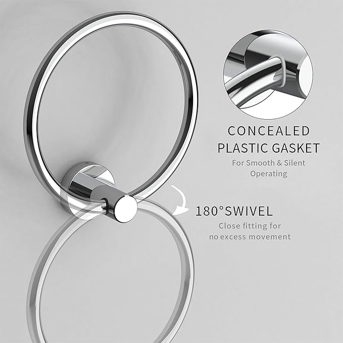 Chrome Hand Towel Holder for Bathroom Kitchen Towel Ring Modern Rounded Base Wall Mount SUS304 Stainless Steel