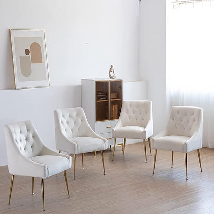 Modern Dining Chairs Set of 6, Mid Century Chairs with 5.12” Cushions and Golden Legs, Velvet Upholstered Dining Chairs with Back Pull Rod, for Kitchen, Living Room, Beige