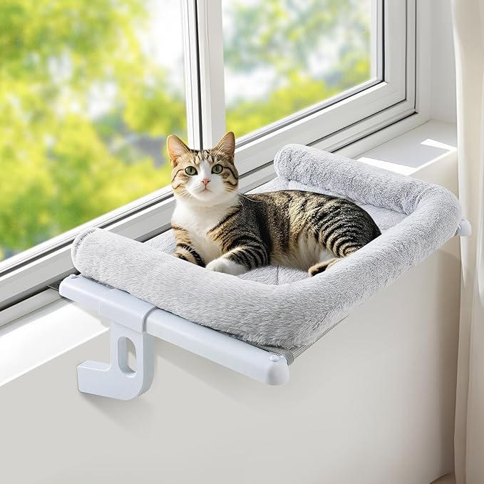 Sunhoo Cat Window Perch Hammock Sturdy Windowsill Bed Seat for Large Cats No Drilling No Suction Adjustable Kitty Shelf with Washable Cover Easy Assembly Holds up to 40 lbs 24.8 * 15 in (Grey, L)