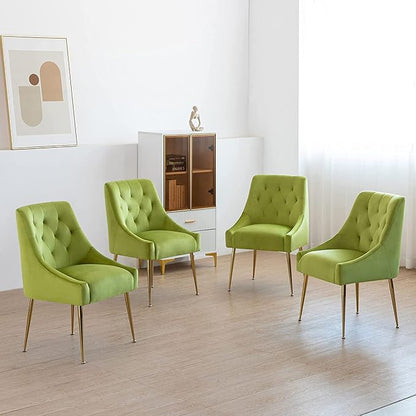 Modern Dining Chair Set of 4, Mid-Century Room Chair, Upholstered Comfortable Velvet with Back Pull Rod and Metal Legs for Kitchen, Living (Yellow-Green) (DYXSD)