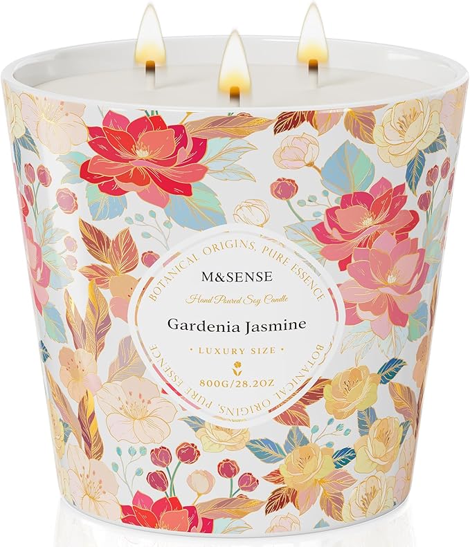 M&SENSE Gardenia Jasmine Scented Candle, 28.2oz 3 Wick Natural Soy Wax Large Candles, Long Lasting Clean Slow Clean Burning No Toxic Décor for Home Relaxation, Romantic Dates & Gift-Giving