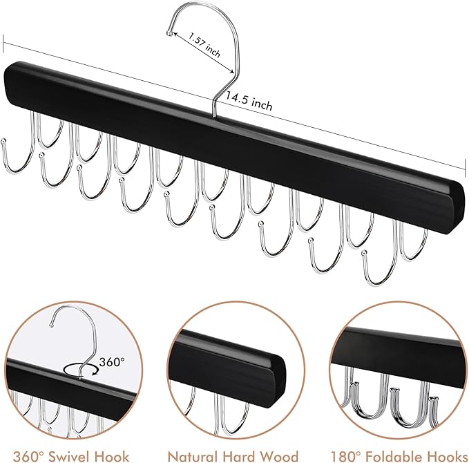 2 Pack Bra Hanger for Closet Organizer, Premium Wooden Tank Top Hangers with 36 Foldable Hooks, 360° Rotating Design, Space Saving Storage for Tank Tops, Bras, Scarves and More, Black