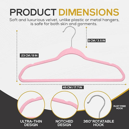 Premium Velvet Hangers 50 Pack Ultra Thin Non Slip Adult Felt Space Saving Suit Hanger for Closet Heavy Duty Coat Pants Jackets Dress Hangers 360° Swivel Hook Hold Upto 10 lbs Pink