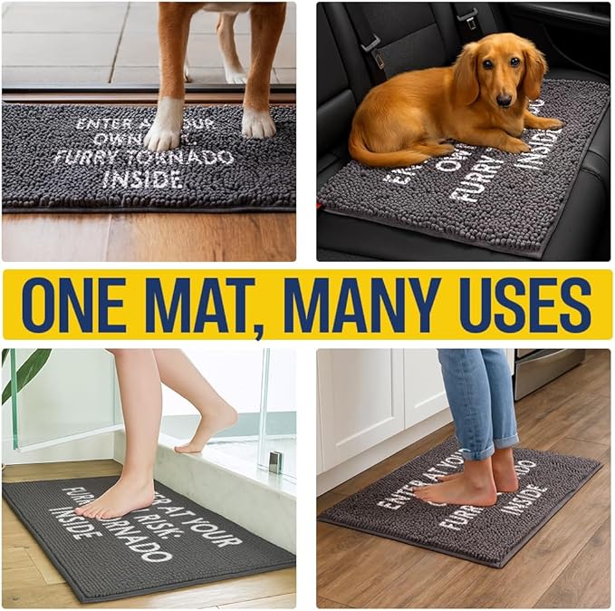 Muddy Mat® Absorbent Microfiber Door Mat and Pet Rug, Non Slip Washable Chenille Indoor Outdoor Rug - Enter at Your Own Risk Furry Tornado Inside Funny Pet Welcome Mat 19"x30"