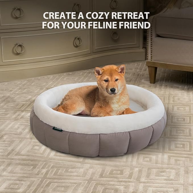 BALANCE Cat Beds for Indoor Cats, Washable Round Dog Bed, Donut Dog Bed with Anti-Slip Bottom for Small Dogs, 28 Inches, Goat