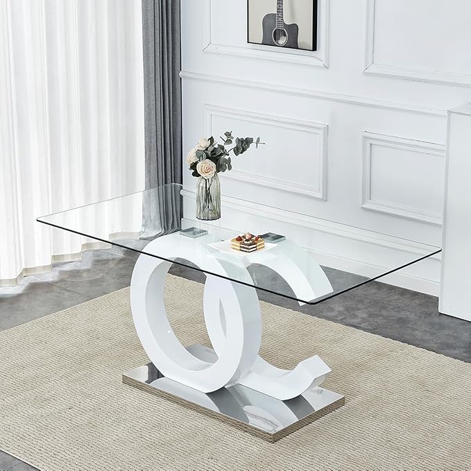 gopop 63'' Glass Dining Table, Modern Kitchen Table, Clear Glass Dinner Table with White Unique Design Leg and Silver Metal Base.(Only Table)