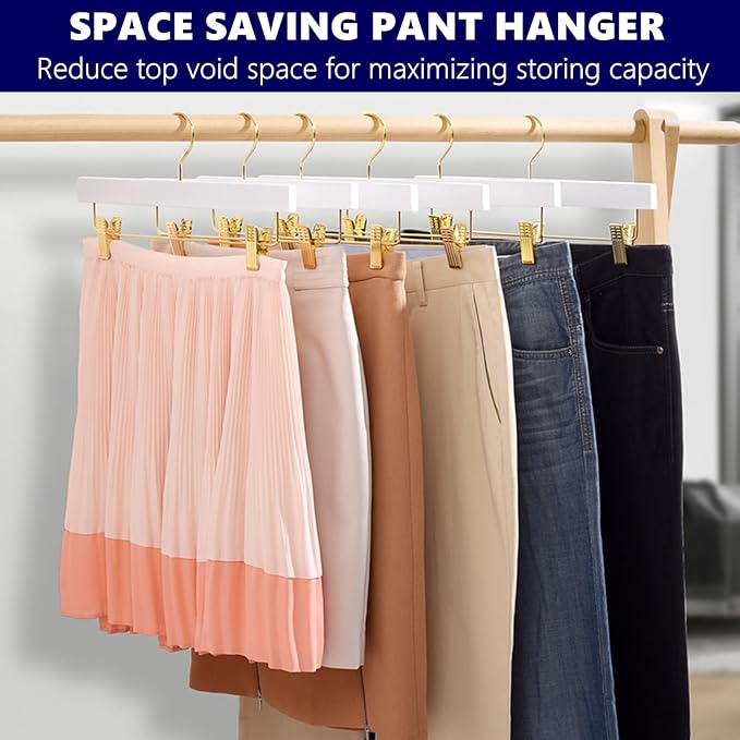 Amber Home 24 Pack White Wooden Pants Hangers with Gold Clips, Wood Skirt and Trouser Hangers for Jeans, Slacks, Shorts