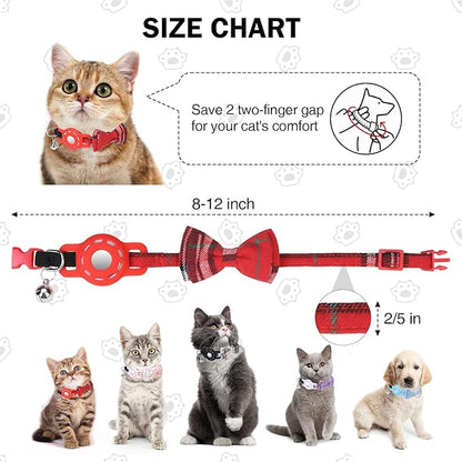Airtag Cat Collar with Bells and Bowtie -Safety Elastic Band Kitten Collar for Apple Air Tag Holder- Cute GPS Cat Tracker Collars for Girl Boy Cats and Puppies, Adjustable 8"-12" Red