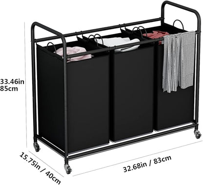 LINZINAR 3-Bag Laundry Basket Hamper Laundry Sorter Cart laundry room organization with Heavy Duty Rolling Lockable Wheels and Removable Bags (Black)