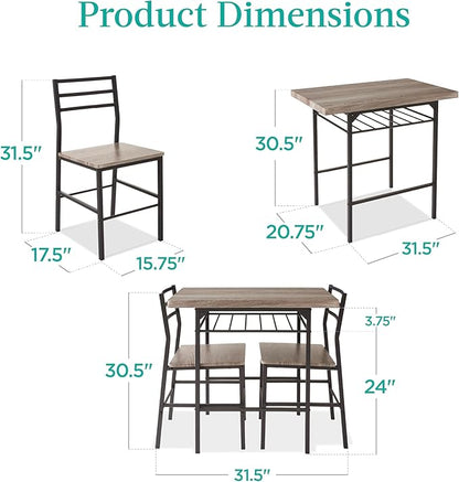 Best Choice Products 3-Piece Modern Dining Set, Space Saving Dinette for Kitchen, Dining Room, Small Space w/Steel Frame, Built-in Storage Rack - Gray/Black
