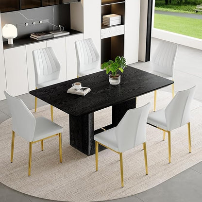 63" Modern Black Dining Table Set for 6 with Chairs, 7 Piece Rectangular Dining Room Table and 6 PU Leather Chairs, Kitchen Dining Set with Matte Wood Finish, Geometric Base, Easy Assembly