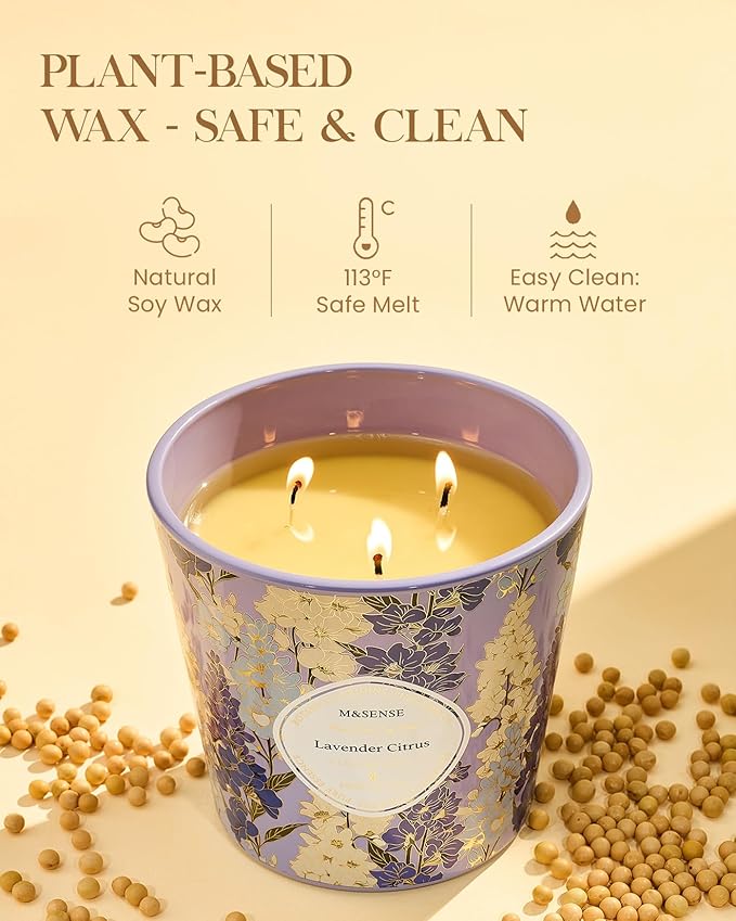 M&SENSE Lavender Citrus Scented Candle, 28.2oz 3 Wick Natural Soy Wax Large Candles, Long Lasting Clean Slow Burning No Toxic Décor for Home Relaxation, Romantic Dates & Gift-Giving