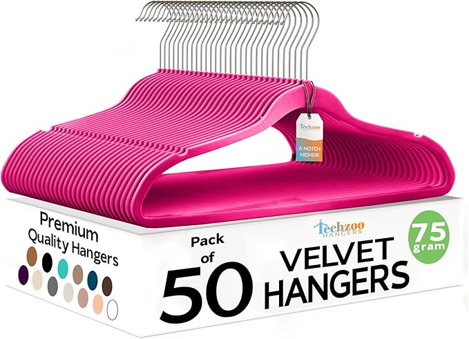 Premium Velvet Hangers 50 Pack Ultra Thin Non Slip Adult Felt Space Saving Suit Hanger for Closet Heavy Duty Coat Pants Jackets Dress Hangers 360° Swivel Hook Hold Upto 10 lbs Dark Pink
